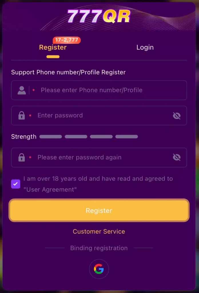 777Qr game registeration panel